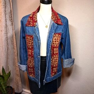 Vintage Coldwater Creel Denim Jacket with Red Patterned Accents-medium